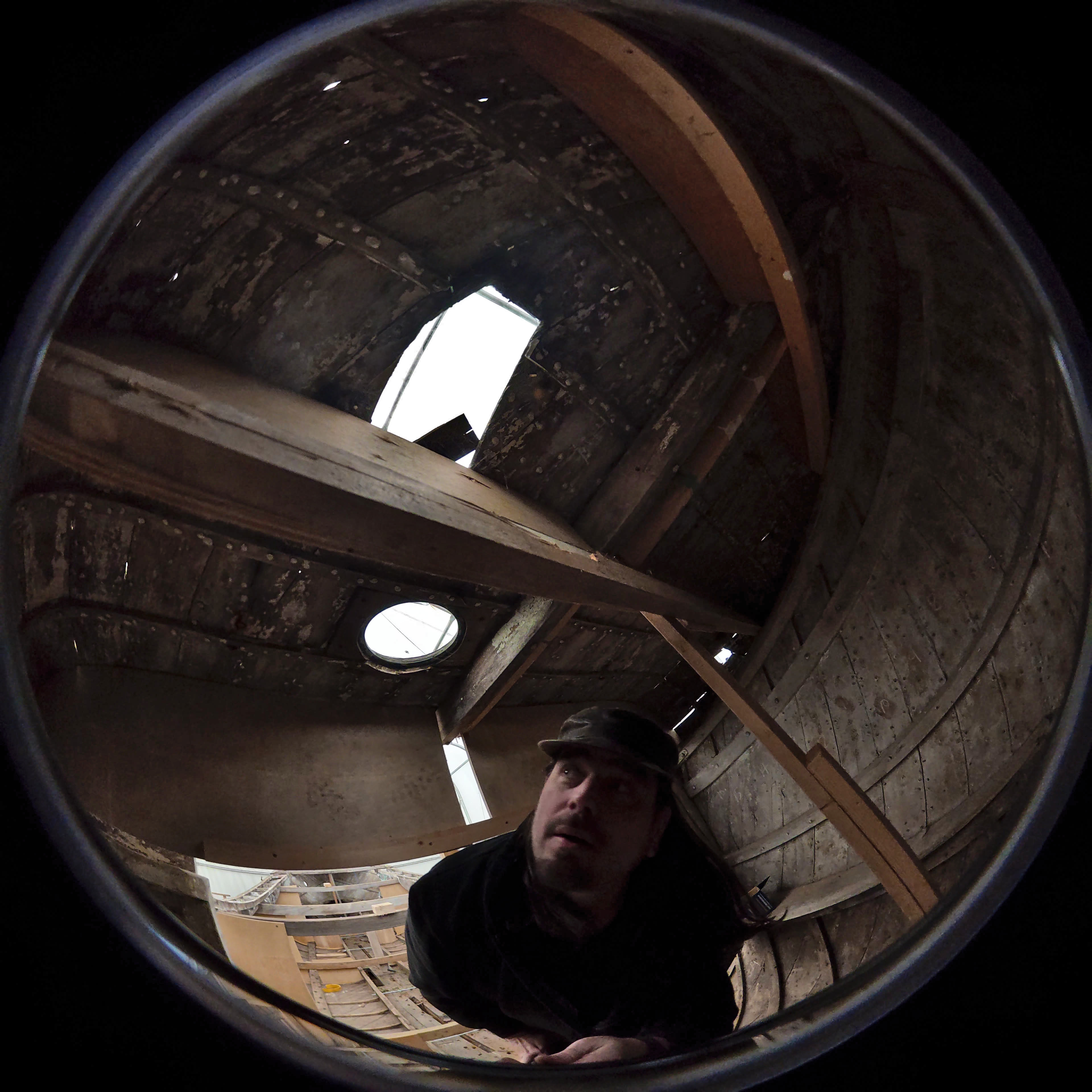 Tom Maund scanning the interior of the Jane Hannah MacDonald III with a 360 camera